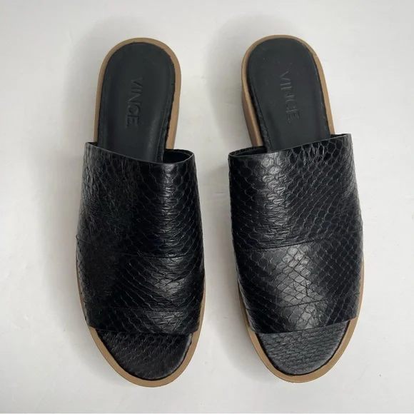 Vince Saskia Black Leather Snake Embossed Slide Flatform Sandal Size 8M Comfort - Picture 7 of 17